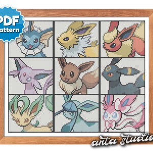 Pokemon Eeveelutions (Eevee Vaporeon Jolteon Flareon Espeon Umbreon Leafeon Glaceon Sylveon) Cross Stitch Pattern (Instant Download PDF)
