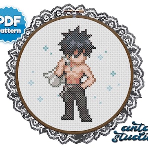 May include: Cross stitch pattern of a cartoon character with black hair, a white shirt, and black pants. The character is holding a white bag in their left hand. The background is a light blue with white stars.