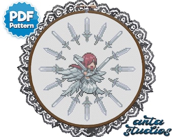 Cross Stitch Pattern - Fairy Tail Erza Scarlet Heaven&#39;s Wheel Circle Sword Anime Cross Stitch - Instant Download PDF Pattern