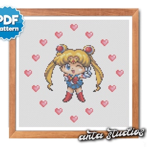 Sailor Moon Chibi Hearts Anime Cross Stitch Pattern (Instant Download PDF)