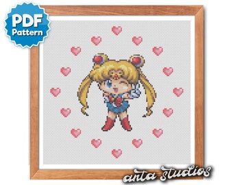 Sailor Moon Chibi Hearts Anime Cross Stitch Pattern (Instant Download PDF)