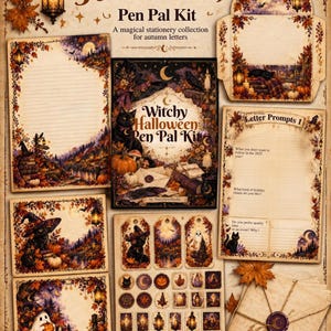 May include: A Witchy Halloween Pen Pal Kit featuring stationery with autumn-themed illustrations of black cats, ghosts, pumpkins, and lanterns. The set includes lined writing paper, an envelope, letter prompts, and a sheet of decorative stickers.