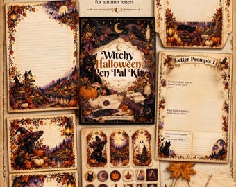 Kit per scambi epistolari a tema Halloween con streghe | Pacchetto di 39 pagine di articoli di cancelleria stampabili | Carta da lettere, buste, cartoline, biglietti e adesivi