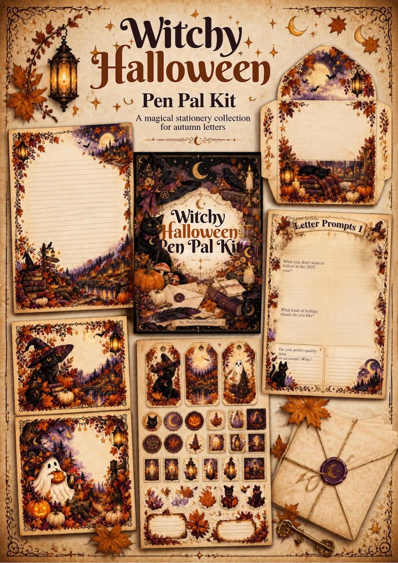 May include: A Witchy Halloween Pen Pal Kit featuring stationery with autumn-themed illustrations of black cats, ghosts, pumpkins, and lanterns. The set includes lined writing paper, an envelope, letter prompts, and a sheet of decorative stickers.