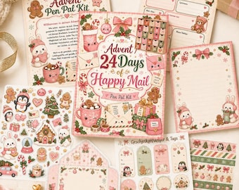 Calendario dell'Avvento stampabile | 24 giorni di posta felice | Natale Kawaii | Adesivi per la cancelleria, buste | Calendario dell'Avvento in PDF