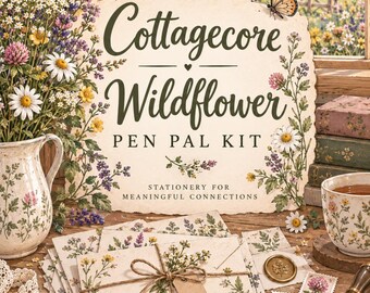 Kit per la corrispondenza "Fiori Selvatici" in stile cottagecore: set stampabile per scrivere lettere, articoli di cancelleria, buste, adesivi, etichette e biglietti per il journaling.