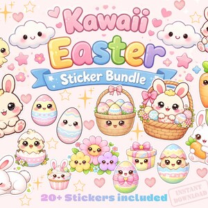 Könnte beinhalten: Ein Kawaii-Oster-Sticker-Bundle mit niedlichen Illustrationen von Hasen, Küken, Eiern, Blumen und Karotten. Die Aufkleber haben Pastellfarben und der Text "Kawaii Easter Sticker Bundle" ist auf einem blauen Banner zu sehen. Der Text "20+ Stickers included" ist enthalten.