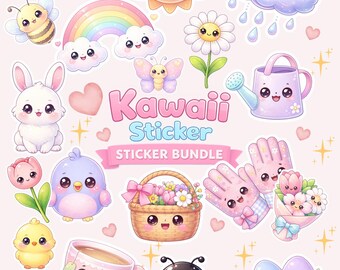 Pacchetto di adesivi primaverili Kawaii in formato PNG | Adesivi primaverili carini | Adesivi pastello per agenda | Adesivi per Goodnotes | Adesivi per iPad | Download digitale