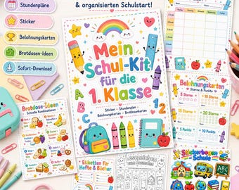 Kit scolastico stampabile per la prima elementare | Orario, adesivi, cartellini per il pranzo, carte premio ed etichette | PDF per il ritorno a scuola