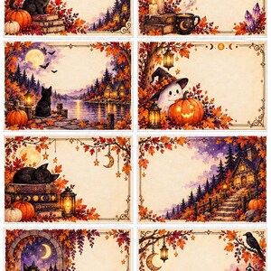 May include: A collection of eight rectangular stationery cards featuring autumn-themed illustrations. Each card displays seasonal motifs including black cats, pumpkins, ghosts, lanterns, crescent moons, and colourful fall foliage on a parchment background.
