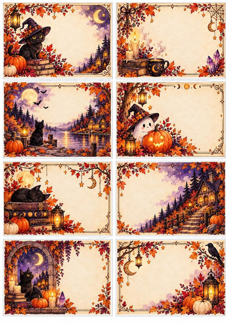 May include: A collection of eight rectangular stationery cards featuring autumn-themed illustrations. Each card displays seasonal motifs including black cats, pumpkins, ghosts, lanterns, crescent moons, and colourful fall foliage on a parchment background.