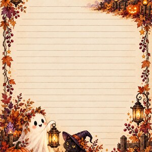 May include: A piece of lined stationery paper featuring a decorative border with autumn leaves, glowing lanterns, pumpkins, a white ghost holding a lantern, and a black cat wearing a witch hat, set against a pale parchment background.