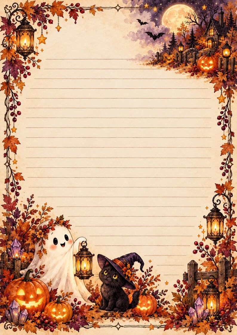 May include: A piece of lined stationery paper featuring a decorative border with autumn leaves, glowing lanterns, pumpkins, a white ghost holding a lantern, and a black cat wearing a witch hat, set against a pale parchment background.