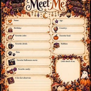 May include: A Meet Me questionnaire sheet featuring a dark autumn theme with a black cat in a witch hat, a raven, pumpkins, and fall foliage. The form includes fields for name, age, birthday, country, favourite colour, food, drink, hobbies, pets, movies, candy, and facts.