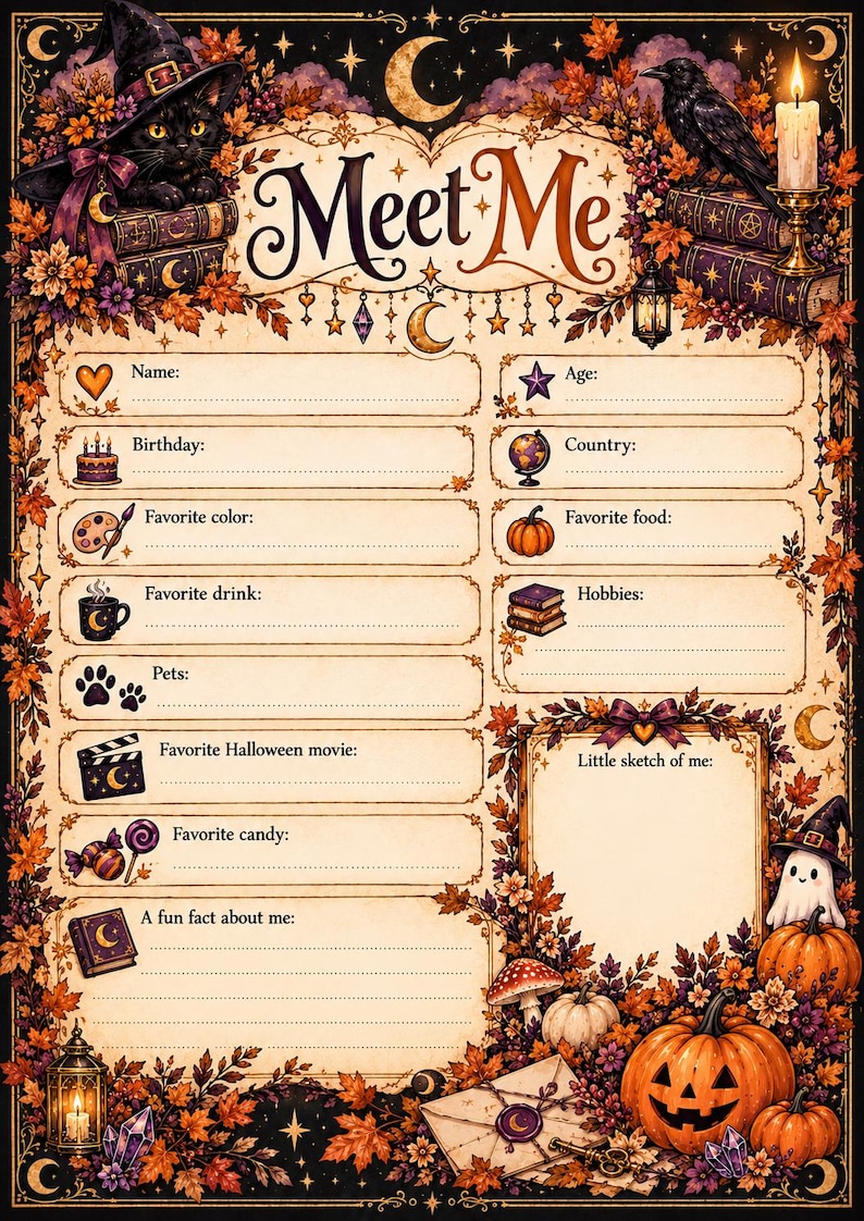 May include: A Meet Me questionnaire sheet featuring a dark autumn theme with a black cat in a witch hat, a raven, pumpkins, and fall foliage. The form includes fields for name, age, birthday, country, favourite colour, food, drink, hobbies, pets, movies, candy, and facts.