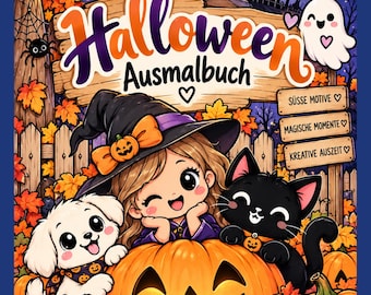 Libro da colorare di Halloween per bambini in PDF | 26 simpatiche pagine da colorare di Halloween | Streghe, fantasmi, gatti, zucche | Download stampabile in formato A4