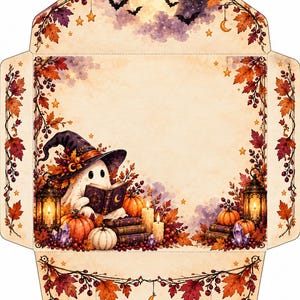 May include: A decorative envelope template featuring a ghost wearing a witch hat, reading a book, surrounded by pumpkins, candles, lanterns, crystals, and autumn leaves. The top flap shows a full moon, stars, and bats against a purple sky.
