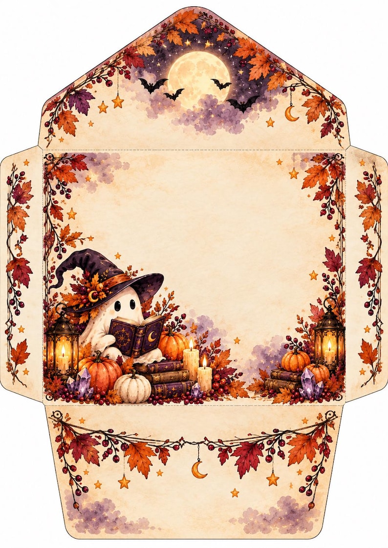 May include: A decorative envelope template featuring a ghost wearing a witch hat, reading a book, surrounded by pumpkins, candles, lanterns, crystals, and autumn leaves. The top flap shows a full moon, stars, and bats against a purple sky.