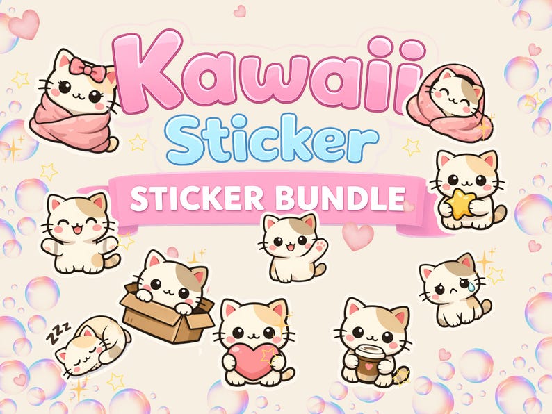 Kawaii Cat Sticker Bundle PNG | Cute Cat Stickers | Digital Stickers ...
