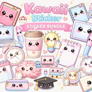 Könnte beinhalten: Eine Sammlung von Aufklebern im Kawaii-Stil mit verschiedenen Schul- und Büroartikeln. Die Aufkleber zeigen ein rosa Buch, einen Laptop, eine Kaffeetasse, eine Glühbirne und eine To-Do-Liste, alle mit niedlichen Gesichtern. Der Text "Kawaii Sticker Bundle" ist in Rosa und Blau dargestellt.