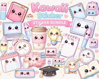 Pacchetto di adesivi Kawaii per lo studio in formato PNG | Adesivi carini per l'agenda | Adesivi digitali per GoodNotes e iPad | Adesivi per lo studio, per laptop, libri e cose da fare