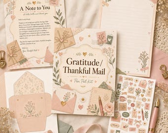 Kit per la corrispondenza della gratitudine stampabile, lettere di ringraziamento, articoli di cancelleria per la corrispondenza felice, carta da lettere, adesivi, biglietti per il journaling, posta tradizionale