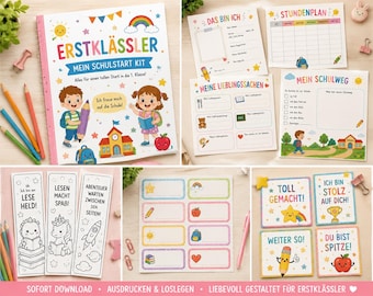 Kit stampabile per la prima elementare: attività per il ritorno a scuola, orario, segnalibri, etichette e carte premio.