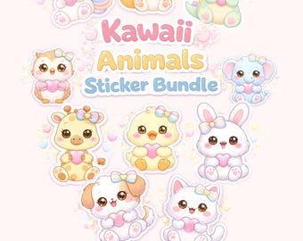 Pacchetto adesivi animali Kawaii PNG | 10 adesivi con animali carini | Adesivi planner pastello | Adesivi GoodNotes | Adesivi stampabili