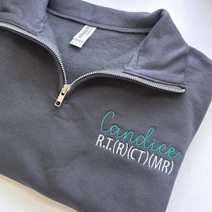 May include: A dark gray quarter-zip sweatshirt with a silver zipper and a folded collar. The name "Candice" is embroidered in teal script, with "R.T.(R)(CT)(MR)" below in white. The tag reads "JERZEES NUBLEN M/M/M".
