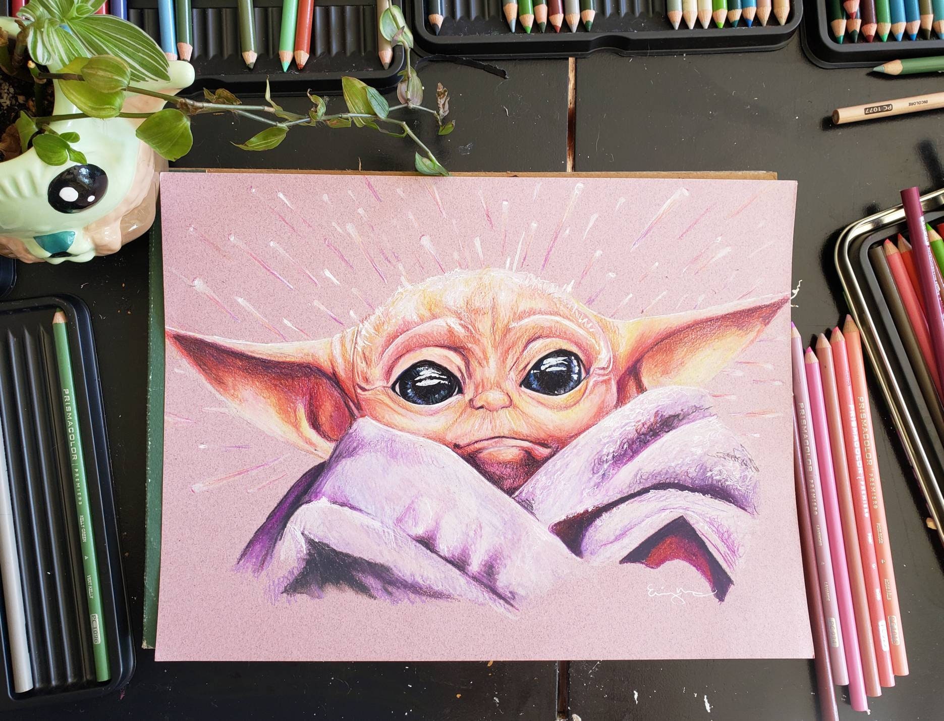 Pink Baby Yoda Original Drawing Etsy
