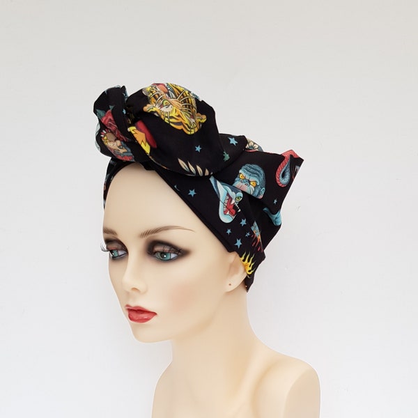 Full coverage wired turban, twist headwrap, hair loss turban, chemo head covering, Rockabilly Pin Up wired headscarf, alopecia cotton turban