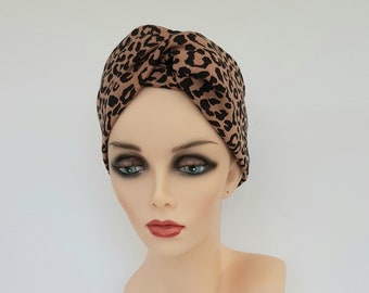 Leopard print twist headwrap, stretch turban style hair wrap, wide headband for hair loss, vintage style turban, twist headband for women