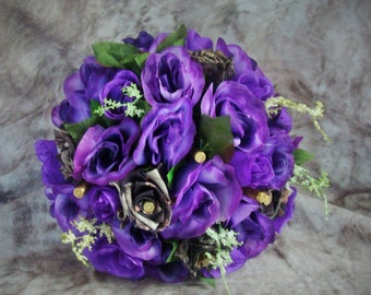 Purple Silk Rose Bouquet, Camo Fabric Rose Bridal Bouquet, Camouflage Wedding Bouquet, Country Wedding, True Timber Camo Fabric Roses