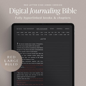 May include: A digital journaling Bible with red letter text, a red, large ruled border, and a black tablet screen displaying the first chapter of the Book of Acts. The text is fully hyperlinked, allowing users to easily navigate between books and chapters.