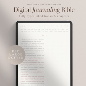 Op de afbeelding: Een digitale journal-bijbel met rode letters en een gestippelde rode cirkel rond het woord "RED LARGE DOTTED". De bijbel is open op het boek Handelingen, hoofdstuk 1, verzen 1-11. Het scherm toont de tekst "RED LETTER KING JAMES VERSION" bovenaan en "YOURS TRULY PRINTABLES" onderaan.