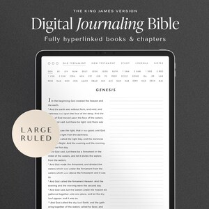 May include: A digital journaling Bible with a large ruled section for writing notes. The Bible is fully hyperlinked, allowing users to easily navigate between books and chapters. The image shows the beginning of the book of Genesis.