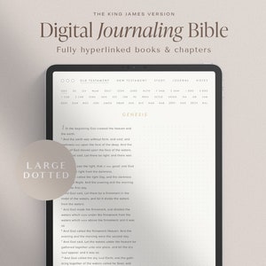 May include: A digital journaling Bible with a large dotted background. The screen displays the first chapter of Genesis from the King James Version. The Bible is fully hyperlinked, allowing users to easily navigate between books and chapters.