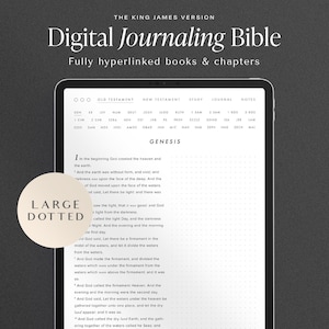 May include: A digital journaling Bible with a large dotted grid for note-taking. The screen displays the first chapter of Genesis from the King James Version. The Bible is fully hyperlinked, allowing users to easily navigate between books and chapters.