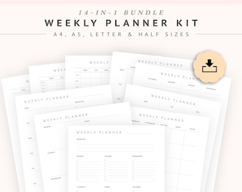 Weekly Planner Printable Kit, 14 Weekly Planners, Weekly to do list printable bundle for work, Weekly Schedule inserts, A4, A5, Letter, Half