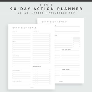 Kwartaalplanner, sjabloon voor 90-dagen doelplanner, driemaandelijkse beoordeling invoegen, 3 maandenplanner, afdrukbaar, doelentracker, routineschema, pdf, A5 A4