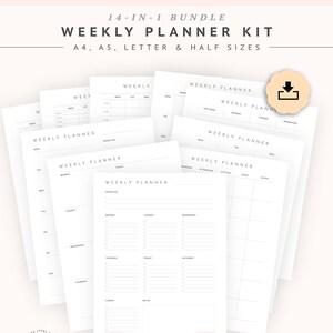 Kit para impressão de planejador semanal, 14 planejadores semanais, pacote para impressão de lista de tarefas semanais para trabalho, inserções de programação semanal, A4, A5, Carta, Metade