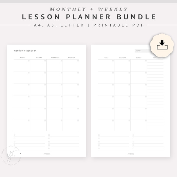 Weekly Lesson Planner Template –  Lined and Blank – Monthly Classes Organiser, Teacher School Calendar PDF, Homeschool Planner Printable