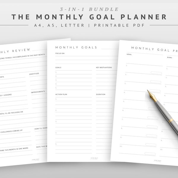 Monthly Goals Template, Monthly Goal Progress Tracker, Simple Goal Setting Worksheet, Printable Goal Sheets PDF, Monthly Goal Planner A5