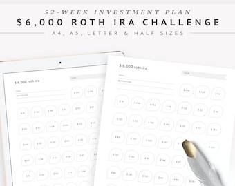 6,000 Roth IRA Retirement Savings Challenge, Invest 6K Dollars in a Year, 6000 in 52 Weeks Savings Tracker | Printable PDF A4 A5 Letter Half