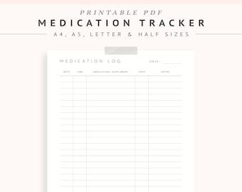 Puede incluir: Un registro de seguimiento de medicamentos imprimible con columnas para la fecha, la hora, el medicamento, el suplemento, la dosis, el ciclo y las notas. El registro está diseñado para los tamaños A4, A5, carta y medio.