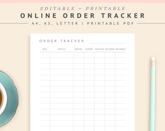 May include: Printable online order tracker template in black and white. The tracker has columns for date, details, amount, shipped, received, returned, and refunded.