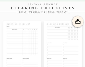 Cleaning checklist printable, monthly cleaning routine schedule list, daily chore chart, weekly chores template, yearly cleaning planner