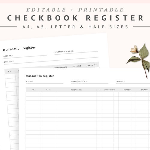 Editable Checkbook Register Printable Transaction Log Check - Etsy