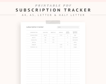 Subscription Tracker Printable – Monthly Expense Tracker, Yearly Membership List, Bill Payment Log, Financial Planner – A5, A4, Letter, Half