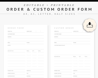 Editable Order Form, Custom Order Sheet Template, Printable Sales Order Book, Craft Order Receipt, Small Business Invoice Template PDF